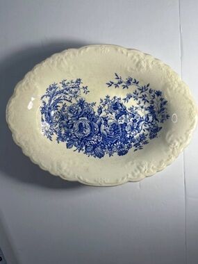 Blue Floral Transferware Oval Serving Bowl